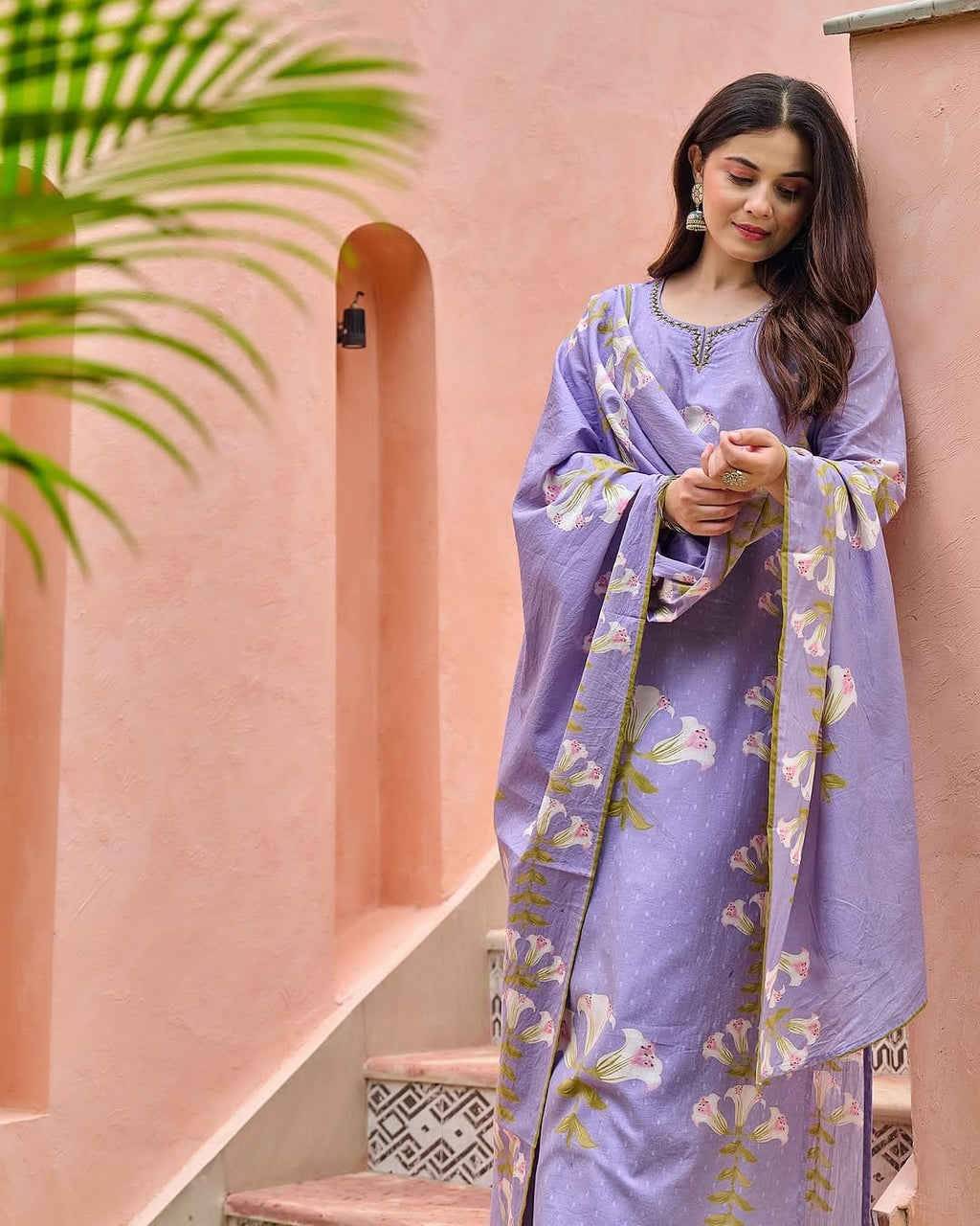 Premium Floral Printed Cotton Suit Set With Embroidered Neckline