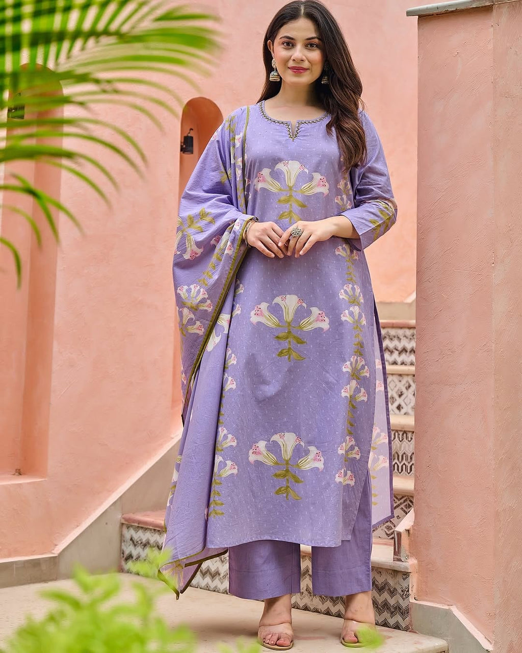 Premium Floral Printed Cotton Suit Set With Embroidered Neckline