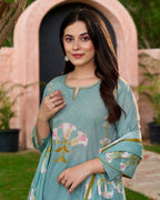 Premium Floral Printed Cotton Suit Set With Embroidered Neckline
