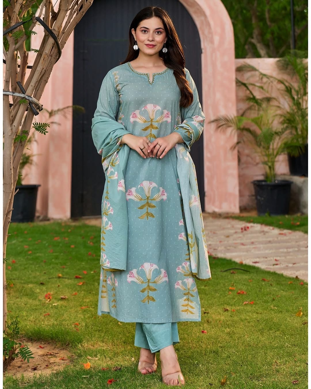 Premium Floral Printed Cotton Suit Set With Embroidered Neckline