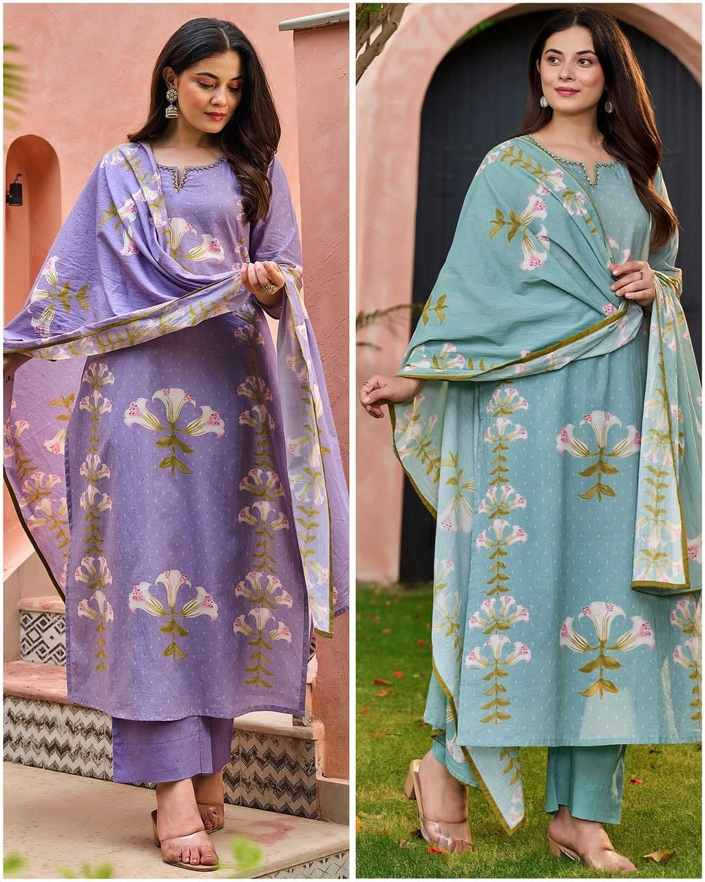 Premium Floral Printed Cotton Suit Set With Embroidered Neckline