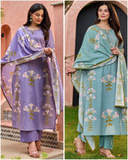 Premium Floral Printed Cotton Suit Set With Embroidered Neckline