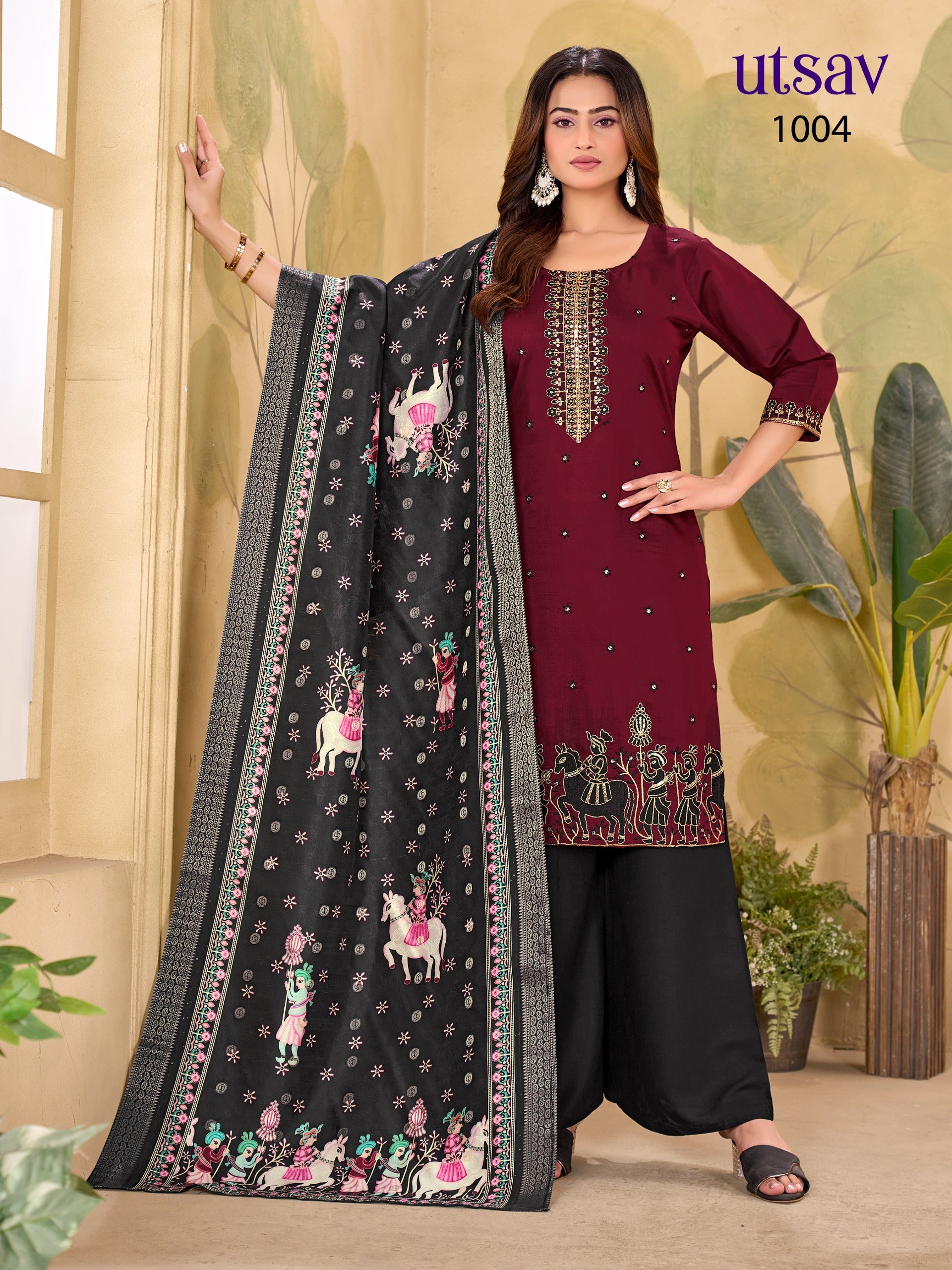 Royal Designer Embroidered Suit Set with Premium Weaving Dupatta (Kurti + Palazzo + Dupatta)