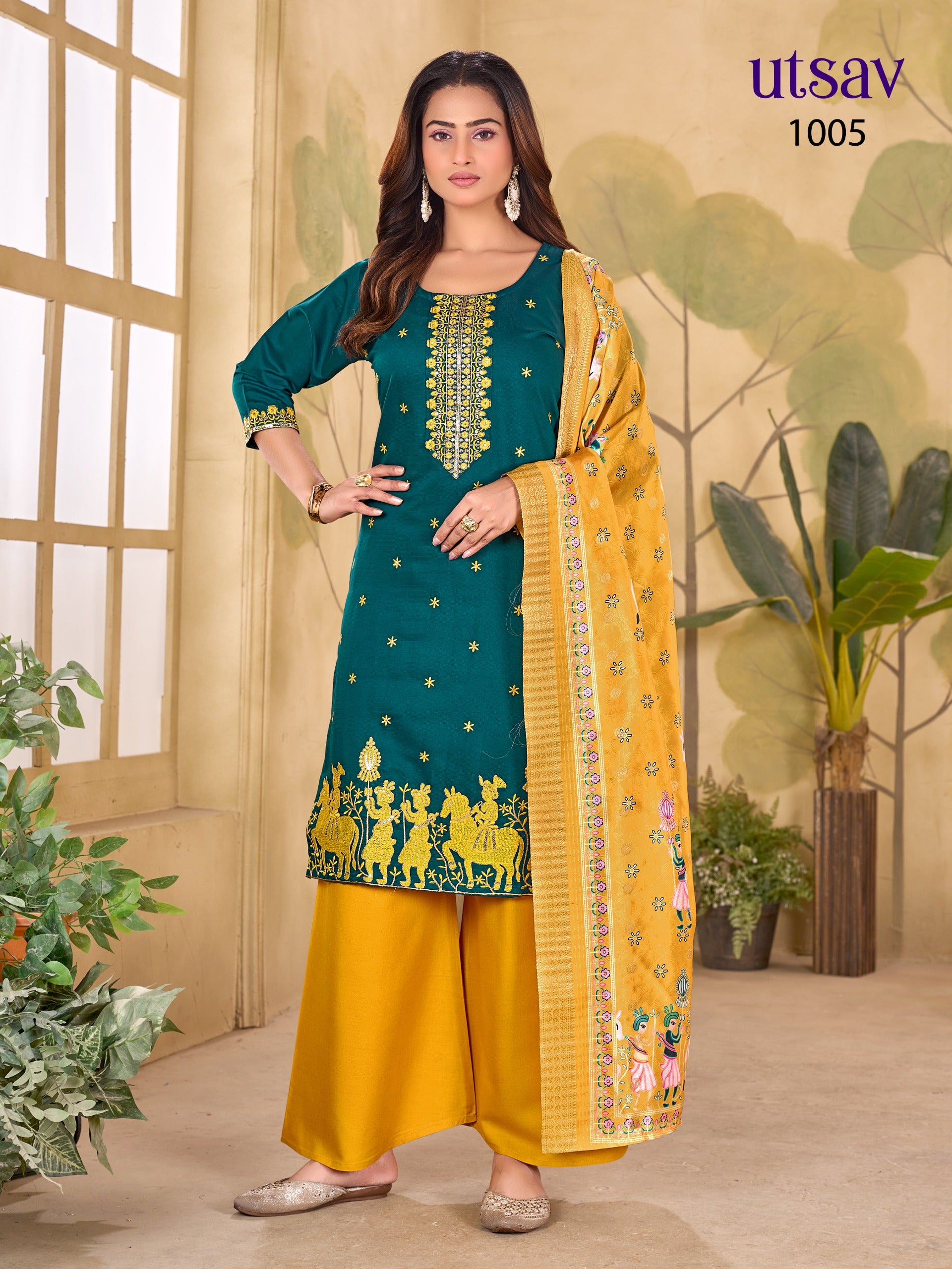 Royal Designer Embroidered Suit Set with Premium Weaving Dupatta (Kurti + Palazzo + Dupatta)