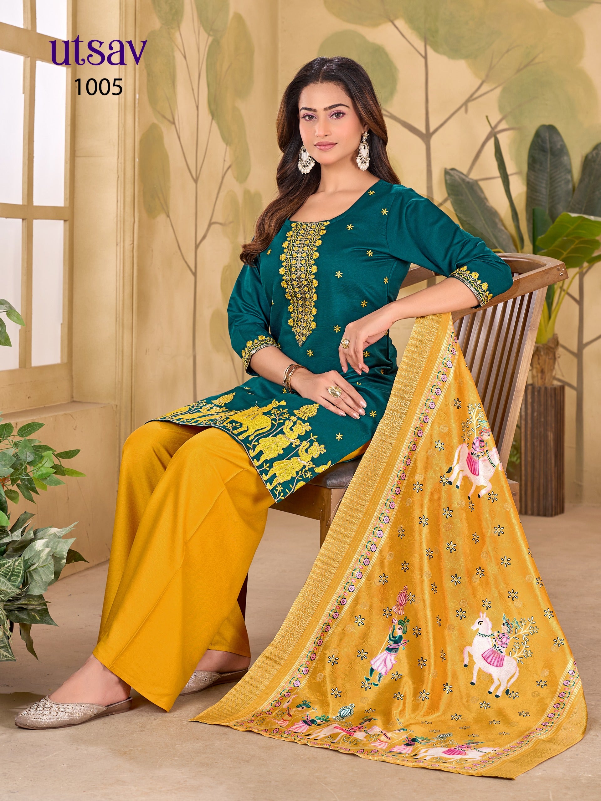 Royal Designer Embroidered Suit Set with Premium Weaving Dupatta (Kurti + Palazzo + Dupatta)