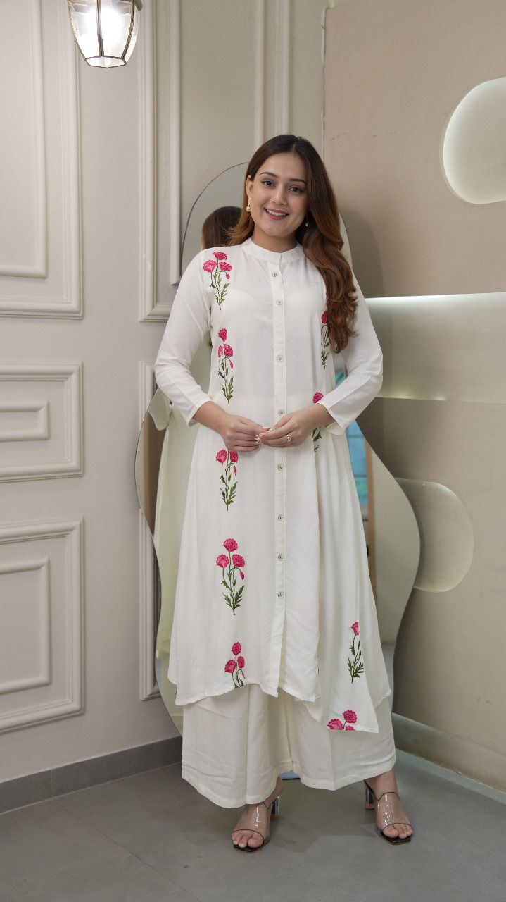 Premium Embroidered Rayon Long Flair Kurti with Palazzo Set – Everyday Elegance Meets Festive Style