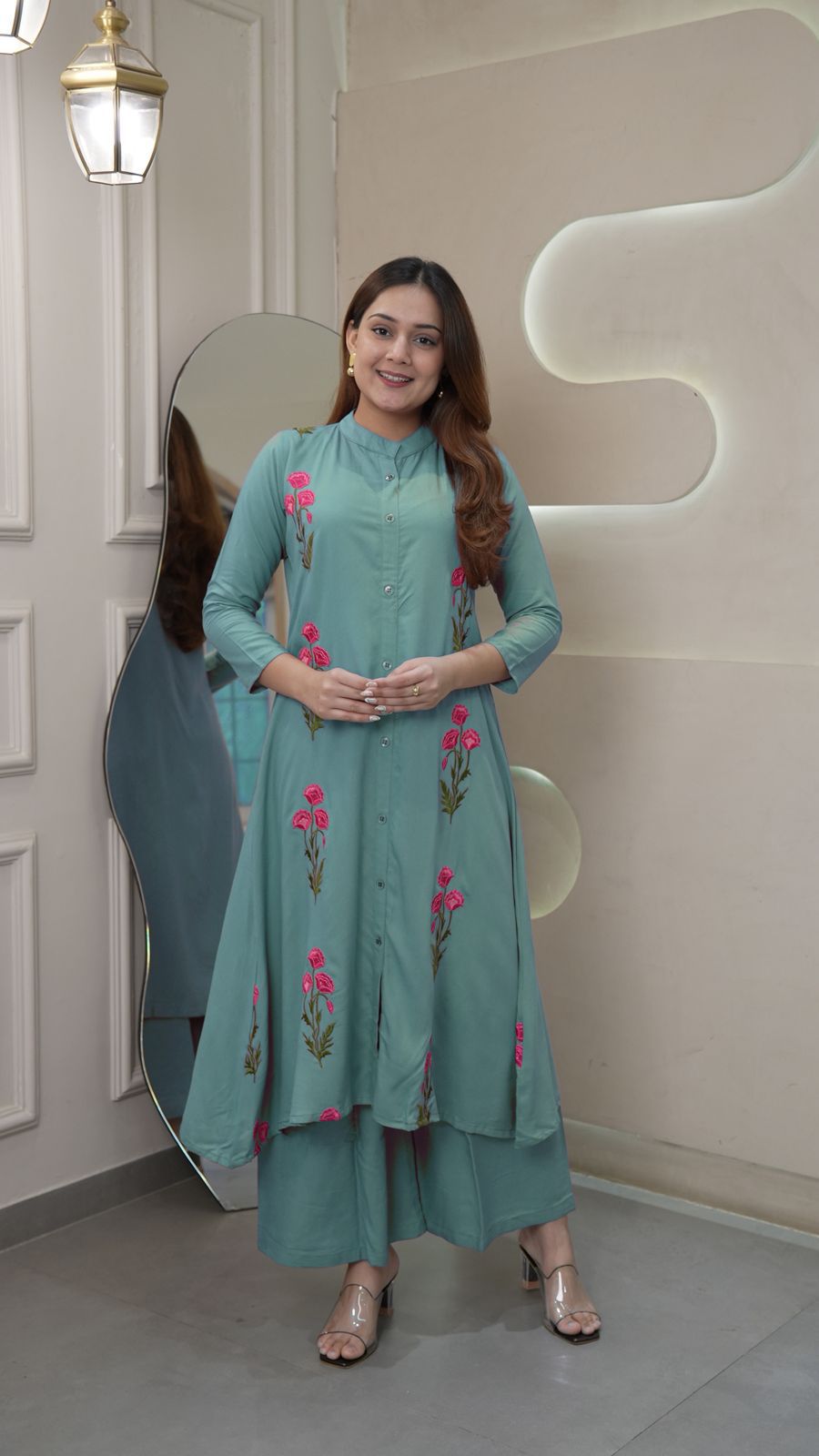 Premium Embroidered Rayon Long Flair Kurti with Palazzo Set – Everyday Elegance Meets Festive Style