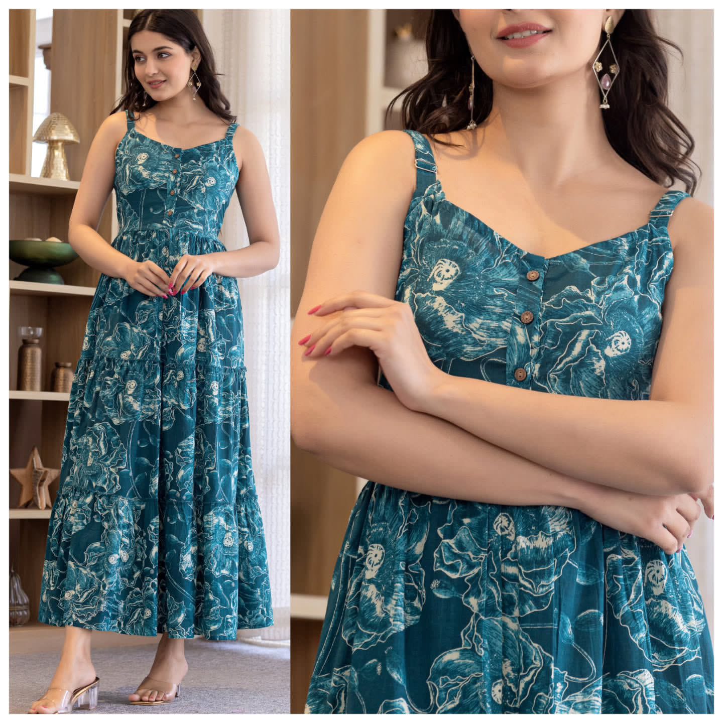 Premium Printed Flared Strappy Maxi Dress – Ultra-Soft Fabric & Effortless Everyday Elegance