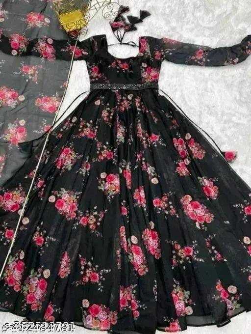 Premium Floral Print Maxi Dress With Dupatta – Fox Georgette | Heavy Flared Umbrella Dress