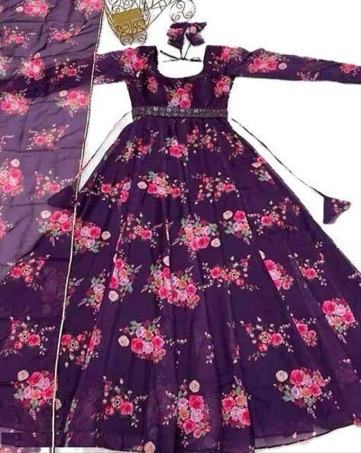 Premium Floral Print Maxi Dress With Dupatta – Fox Georgette | Heavy Flared Umbrella Dress