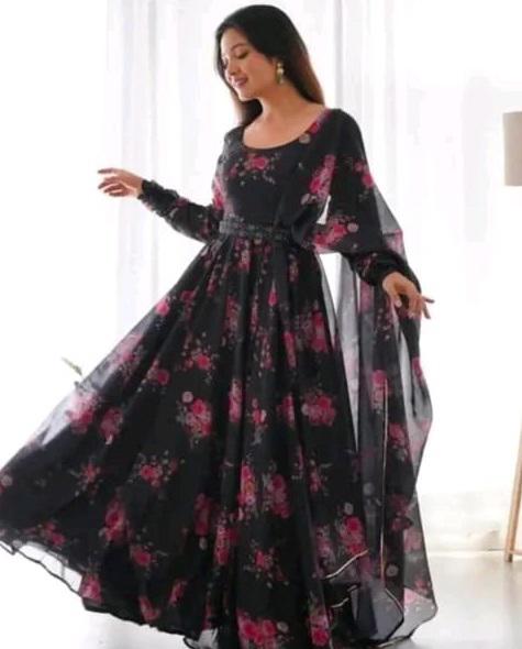 Premium Floral Print Maxi Dress With Dupatta – Fox Georgette | Heavy Flared Umbrella Dress