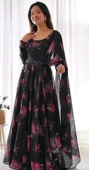 Premium Floral Print Maxi Dress With Dupatta – Fox Georgette | Heavy Flared Umbrella Dress