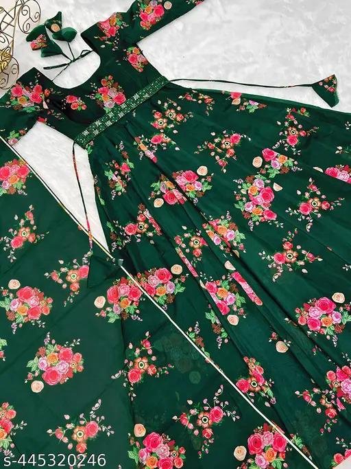 Premium Floral Print Maxi Dress With Dupatta – Fox Georgette | Heavy Flared Umbrella Dress