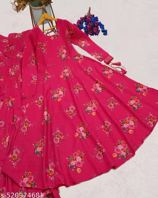 Premium Floral Print Maxi Dress With Dupatta – Fox Georgette | Heavy Flared Umbrella Dress