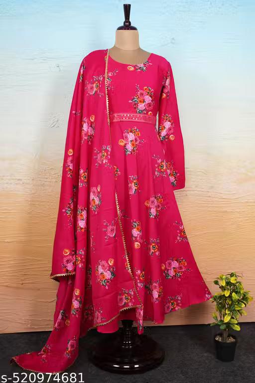 Premium Floral Print Maxi Dress With Dupatta – Fox Georgette | Heavy Flared Umbrella Dress