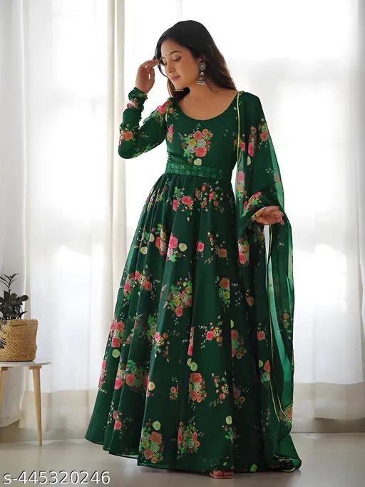 Premium Floral Print Maxi Dress With Dupatta – Fox Georgette | Heavy Flared Umbrella Dress