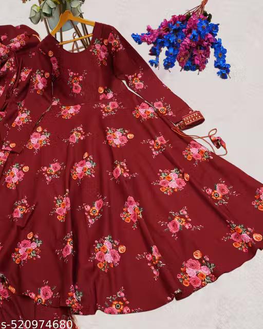 Premium Floral Print Maxi Dress With Dupatta – Fox Georgette | Heavy Flared Umbrella Dress