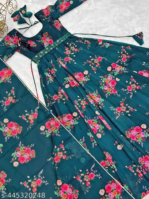 Premium Floral Print Maxi Dress With Dupatta – Fox Georgette | Heavy Flared Umbrella Dress