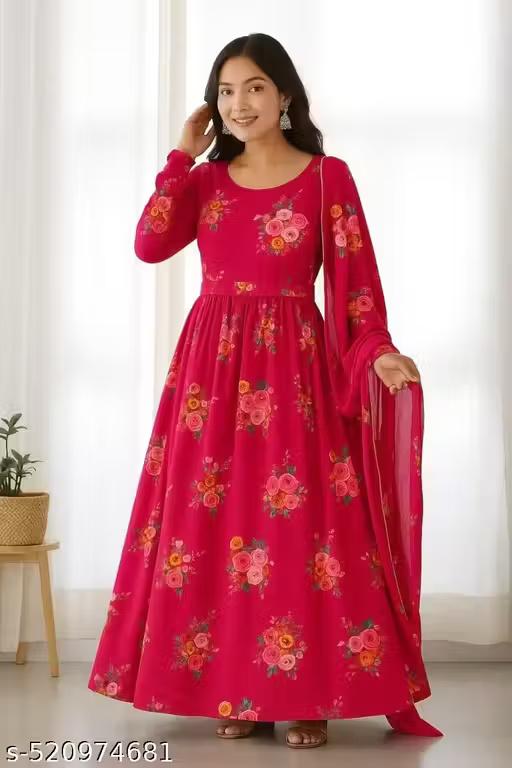 Premium Floral Print Maxi Dress With Dupatta – Fox Georgette | Heavy Flared Umbrella Dress