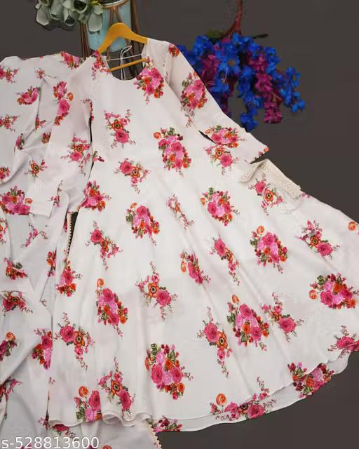 Premium Floral Print Maxi Dress With Dupatta – Fox Georgette | Heavy Flared Umbrella Dress