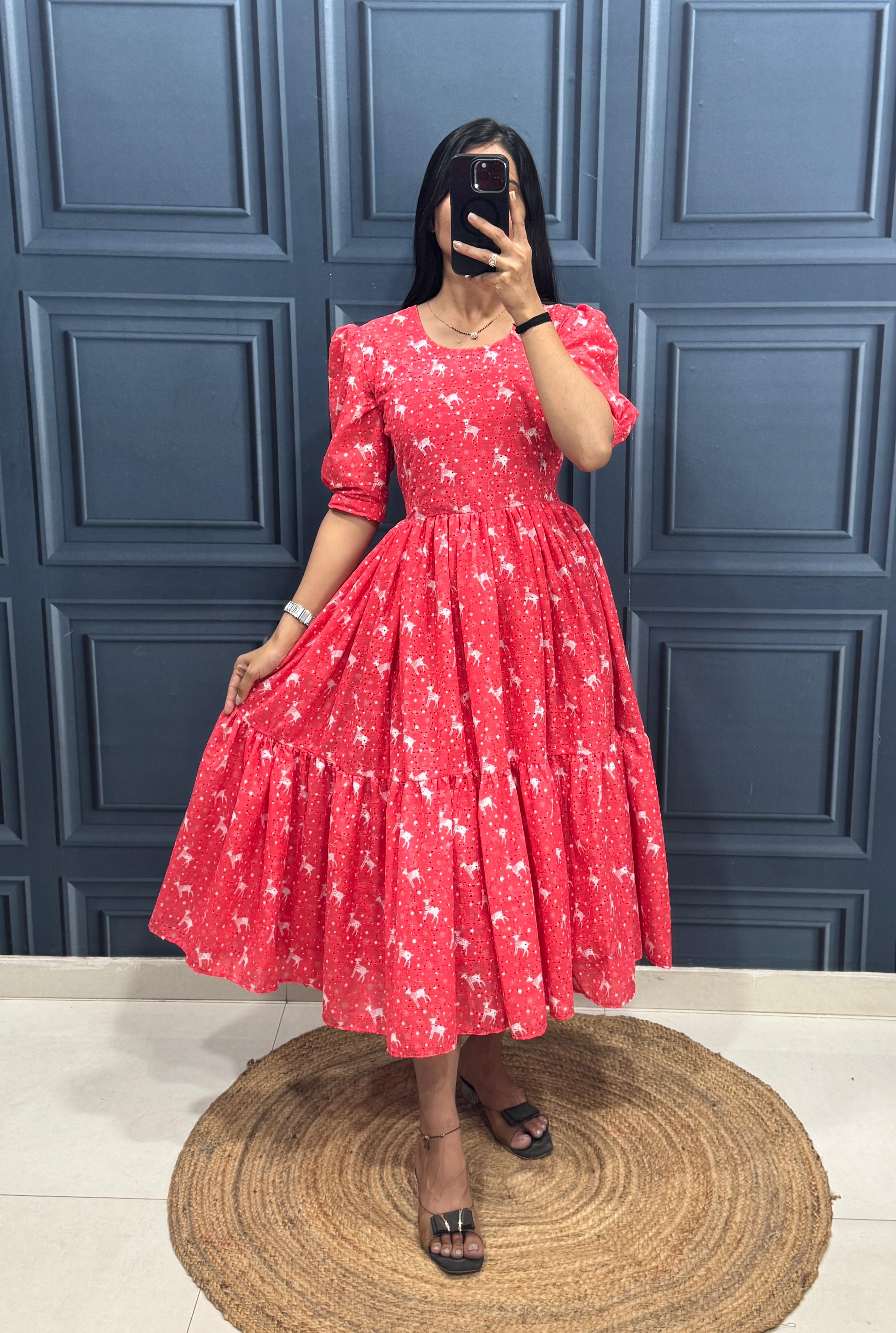 Premium Printed Hakoba Cotton Maxi Dress With Elegant Gathered Flair