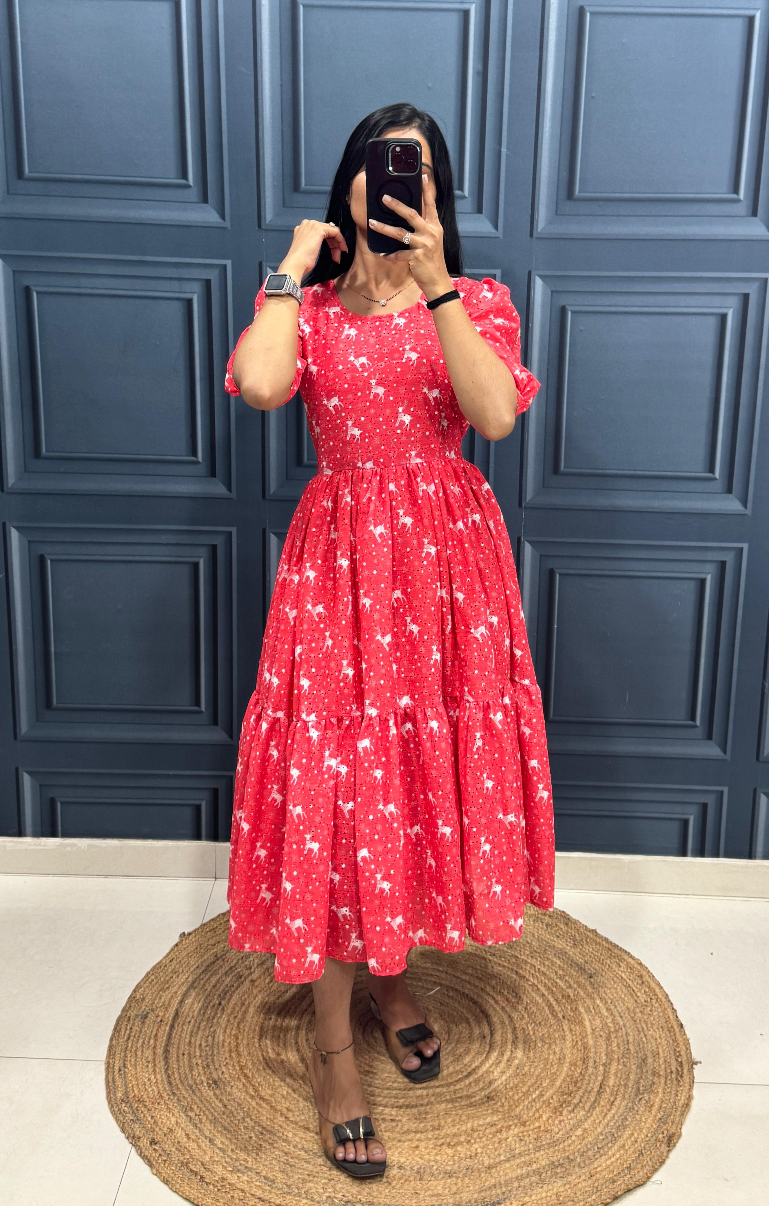 Premium Printed Hakoba Cotton Maxi Dress With Elegant Gathered Flair