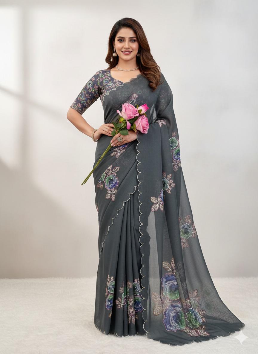 Designer Soft Organza Digital Print Saree With Exclusive Khatli & Stone Work