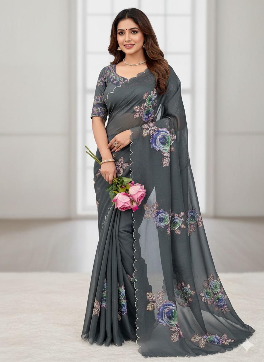Designer Soft Organza Digital Print Saree With Exclusive Khatli & Stone Work