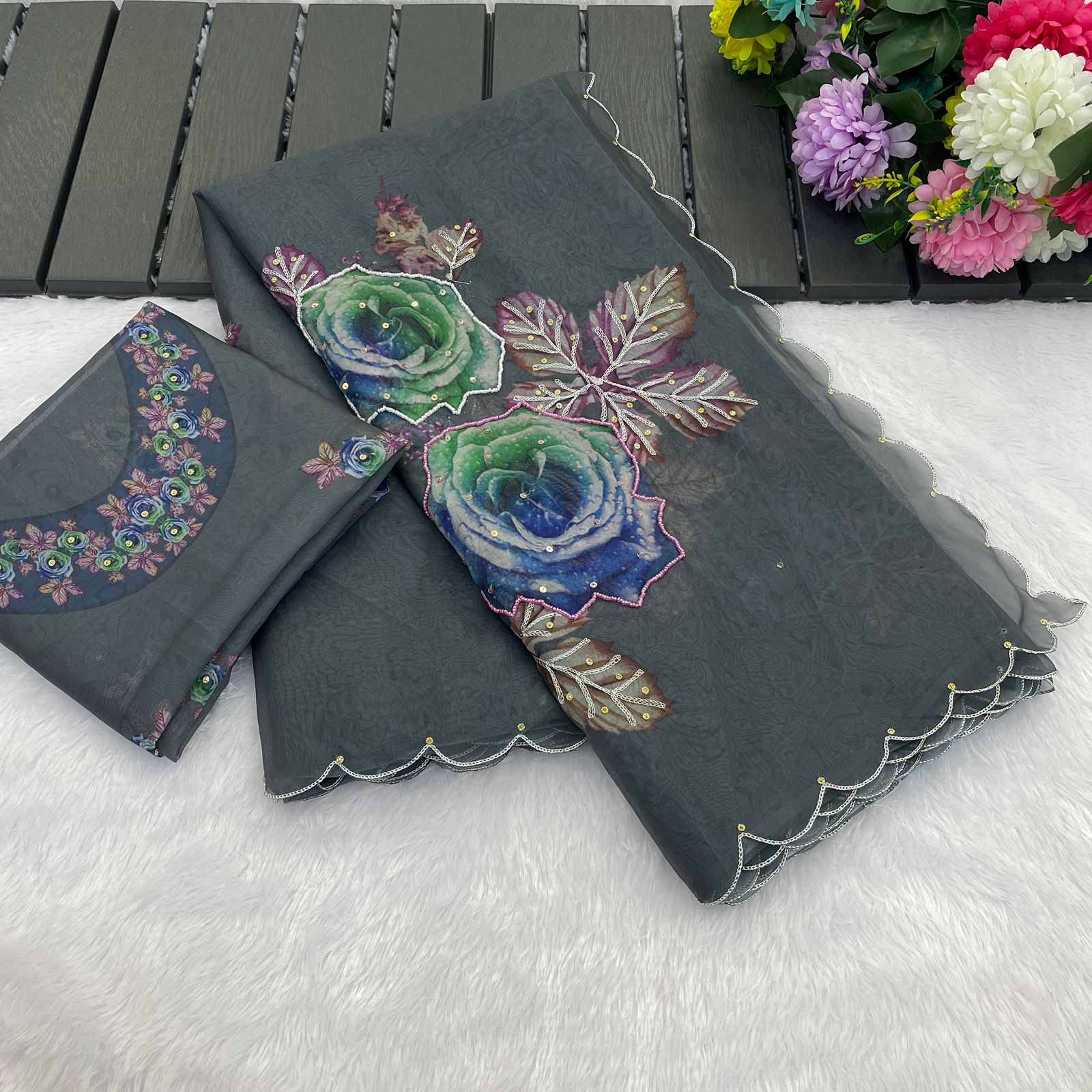 Designer Soft Organza Digital Print Saree With Exclusive Khatli & Stone Work