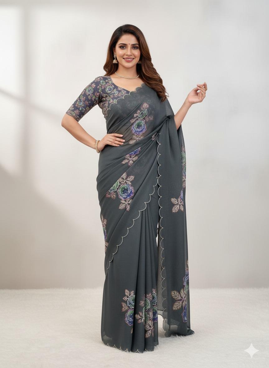 Designer Soft Organza Digital Print Saree With Exclusive Khatli & Stone Work