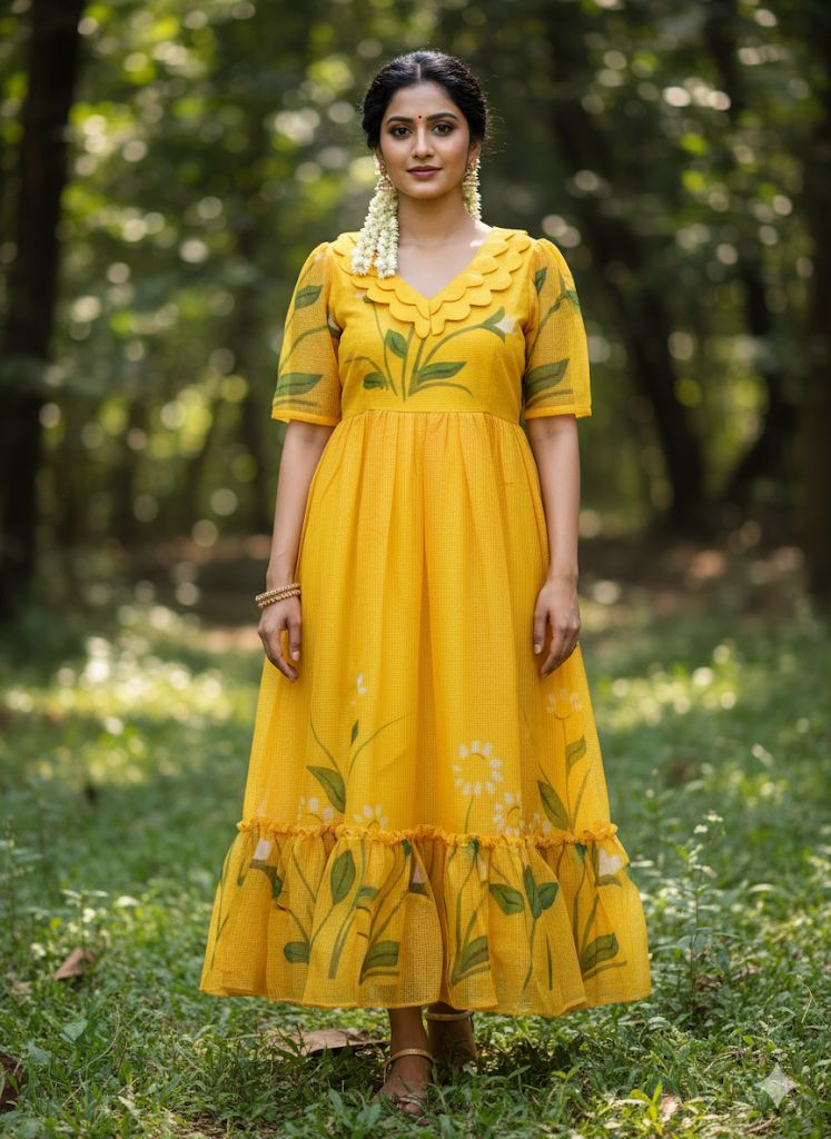 Premium Floral Cubic Maxi Dress With Complete Lining & Designer Puff Sleeves