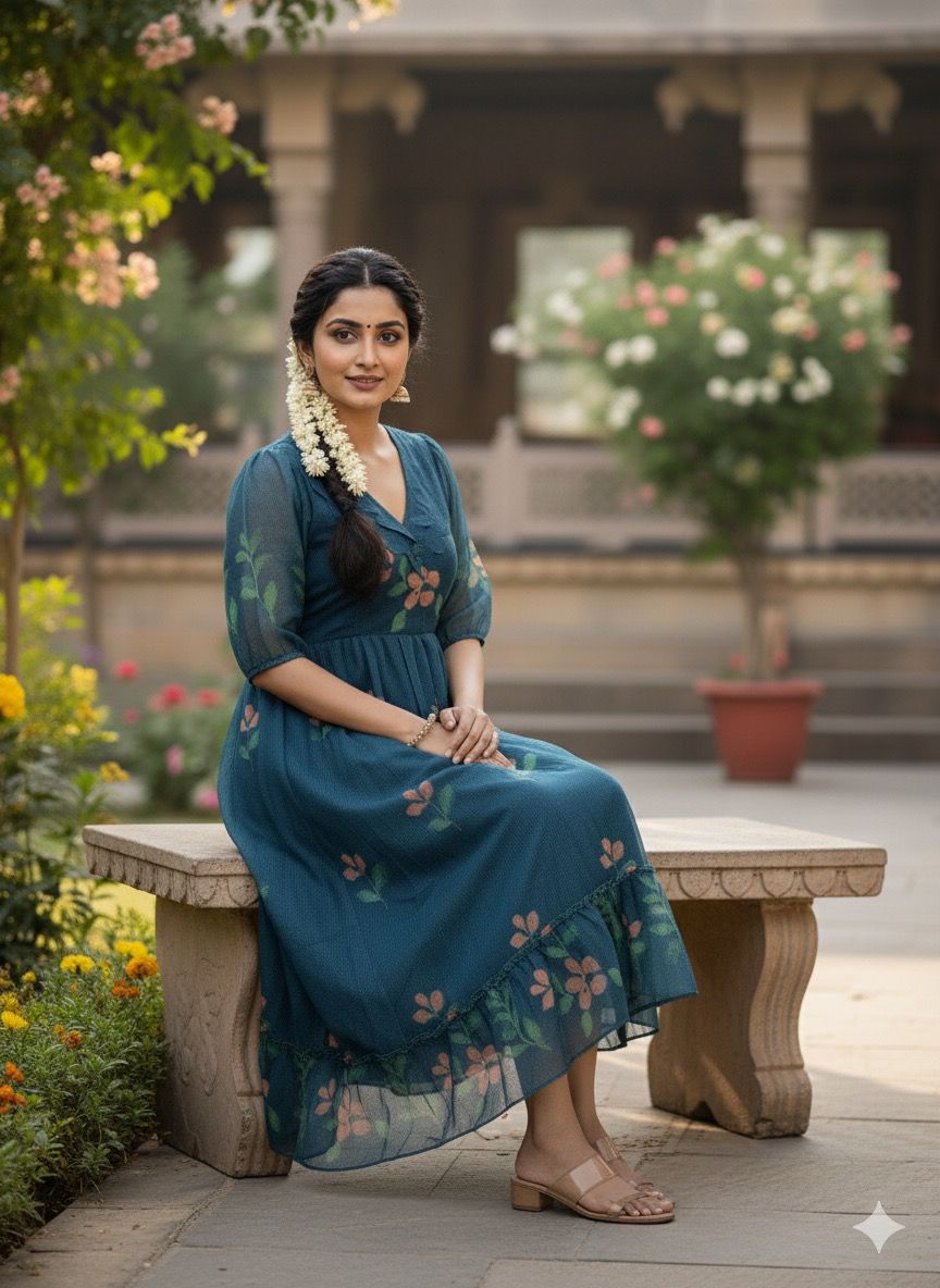 Premium Floral Cubic Maxi Dress With Complete Lining & Designer Puff Sleeves