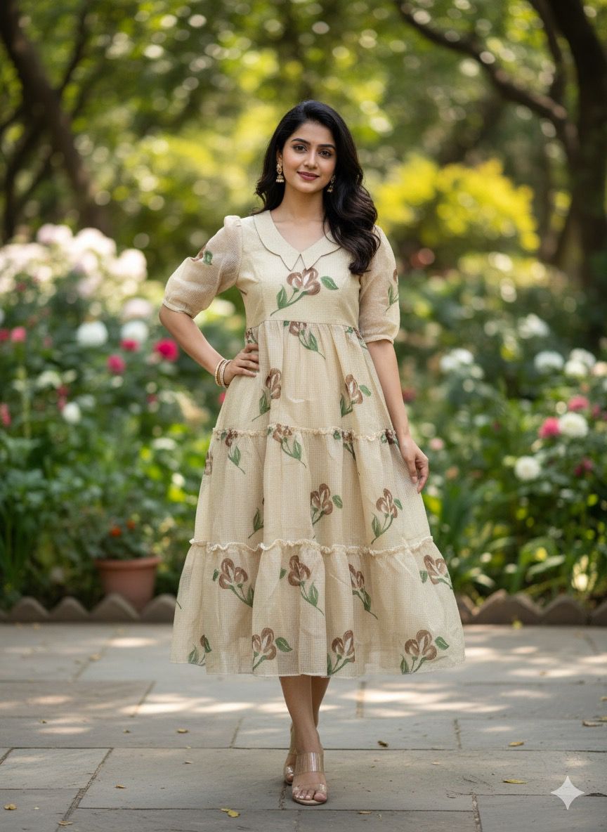 Premium Floral Cubic Maxi Dress With Complete Lining & Designer Puff Sleeves
