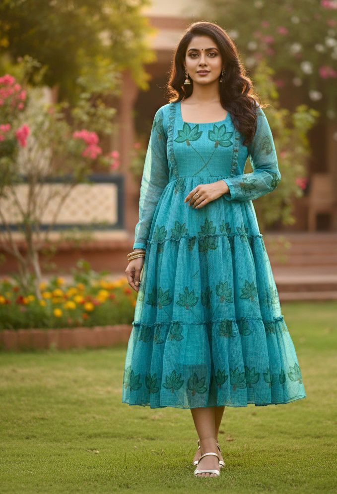 Premium Floral Cubic Maxi Dress With Complete Lining & Designer Puff Sleeves