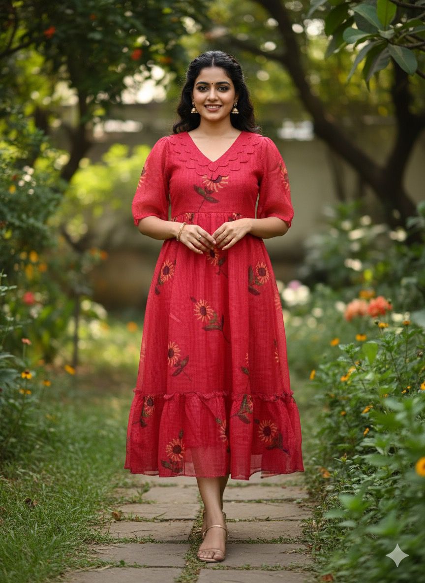 Premium Floral Cubic Maxi Dress With Complete Lining & Designer Puff Sleeves