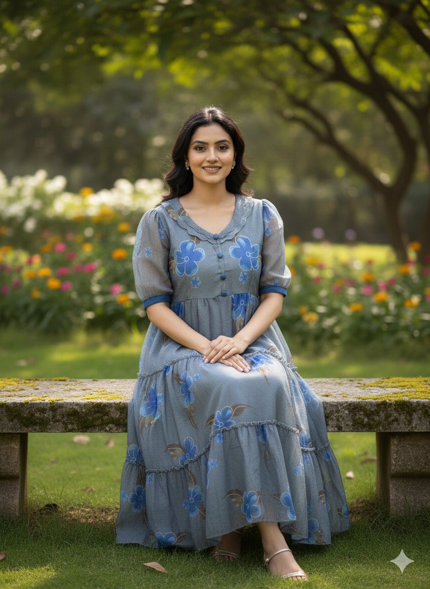 Premium Floral Cubic Maxi Dress With Complete Lining & Designer Puff Sleeves