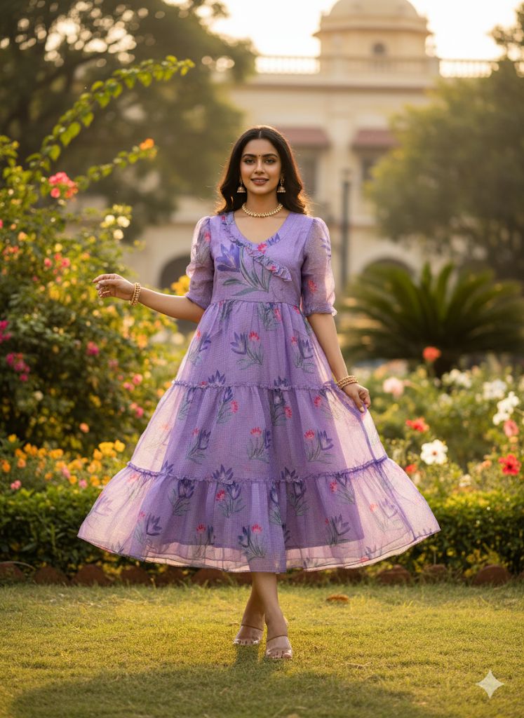 Premium Floral Cubic Maxi Dress With Complete Lining & Designer Puff Sleeves