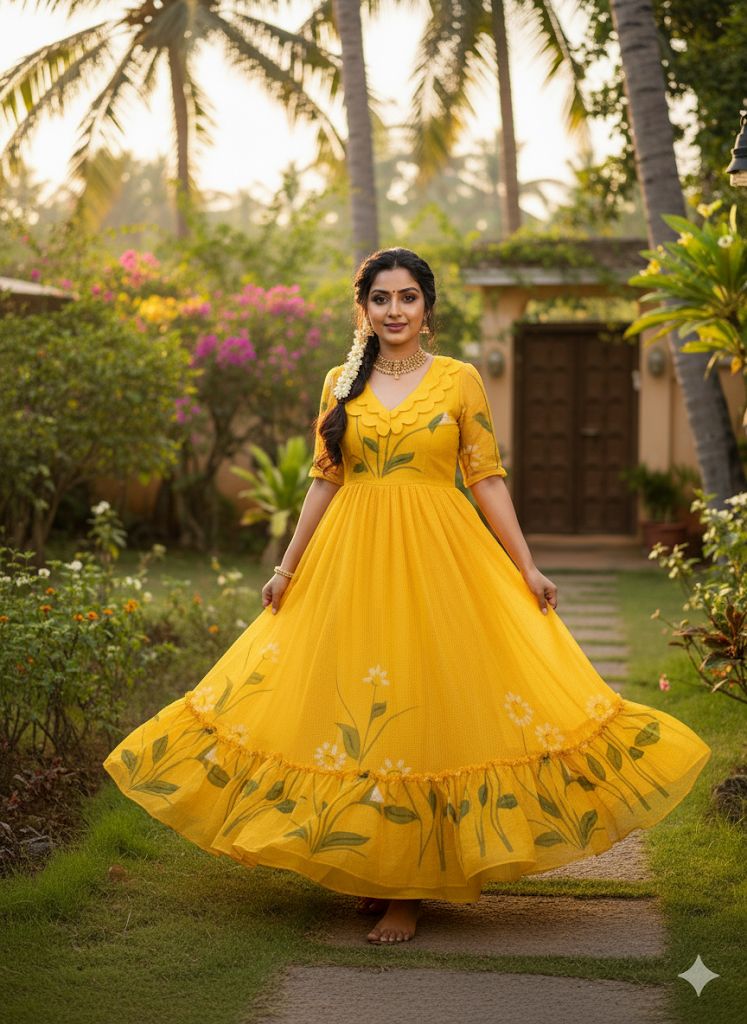 Premium Floral Cubic Maxi Dress With Complete Lining & Designer Puff Sleeves