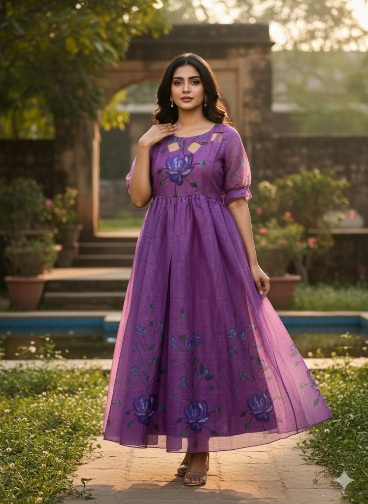 Premium Floral Cubic Maxi Dress With Complete Lining & Designer Puff Sleeves