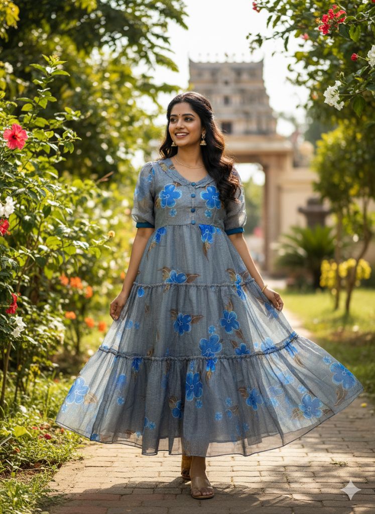 Premium Floral Cubic Maxi Dress With Complete Lining & Designer Puff Sleeves