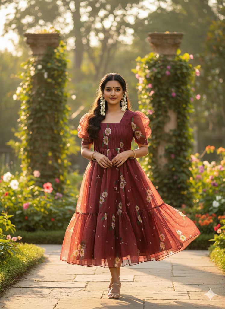 Premium Floral Cubic Maxi Dress With Complete Lining & Designer Puff Sleeves