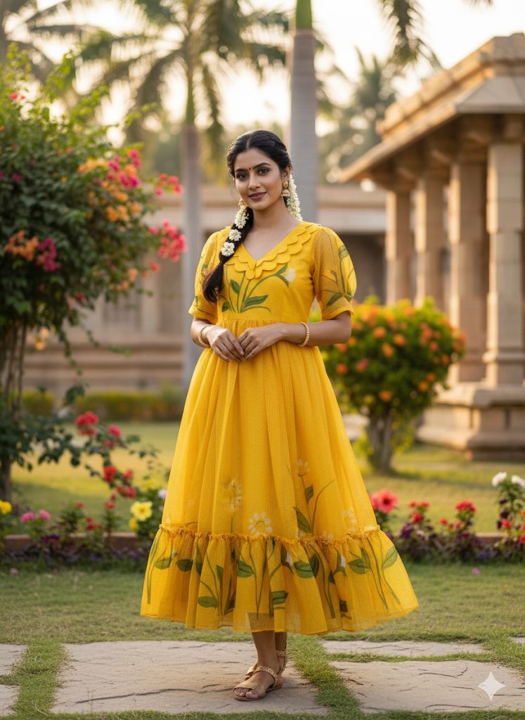 Premium Floral Cubic Maxi Dress With Complete Lining & Designer Puff Sleeves