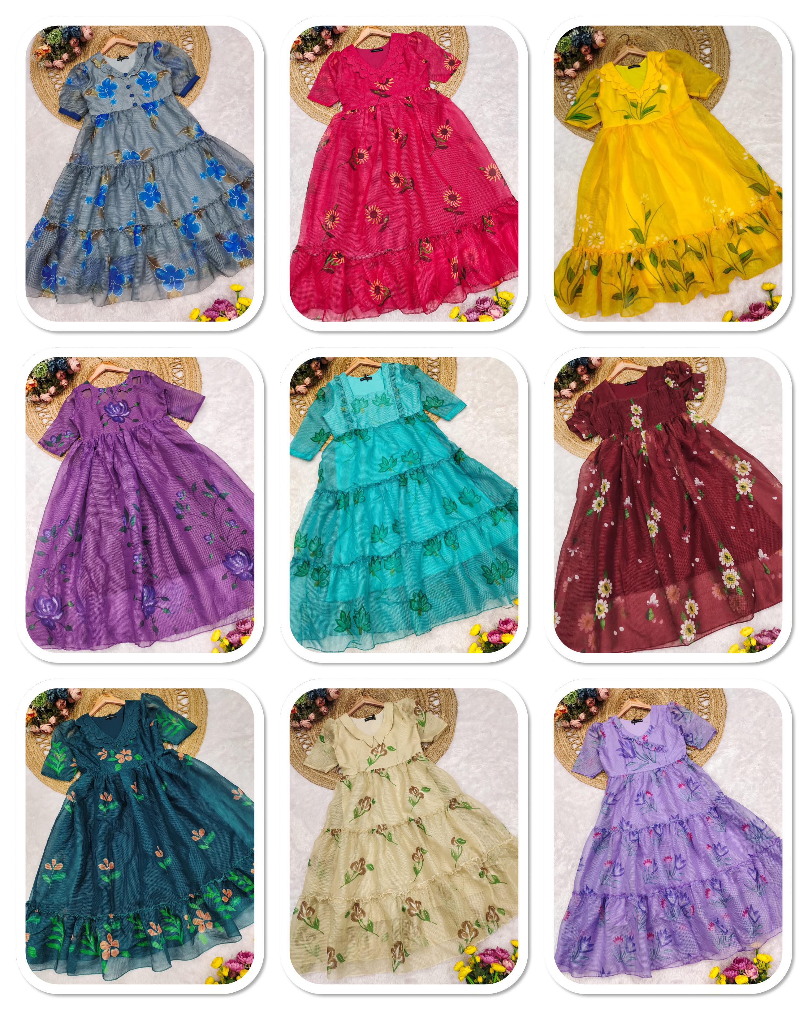 Premium Floral Cubic Maxi Dress With Complete Lining & Designer Puff Sleeves