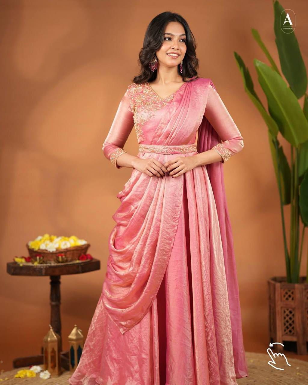 Designer Pre-Draped Vichitra Silk Anarkali Saree with Embroidered Blouse