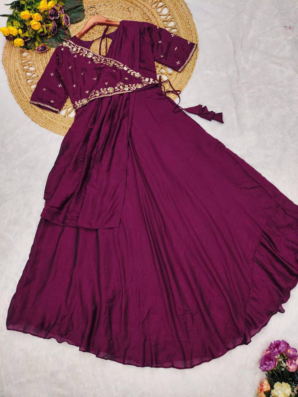 Designer Pre-Draped Vichitra Silk Anarkali Saree with Embroidered Blouse