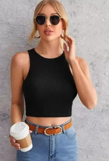 Ribbed Round-Neck Sleeveless Crop Top