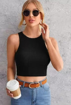 Ribbed Round-Neck Sleeveless Crop Top