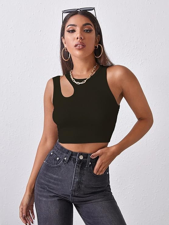 Ribbed One-Shoulder Cutout Crop Top
