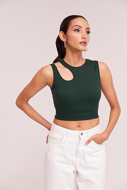 Ribbed One-Shoulder Cutout Crop Top
