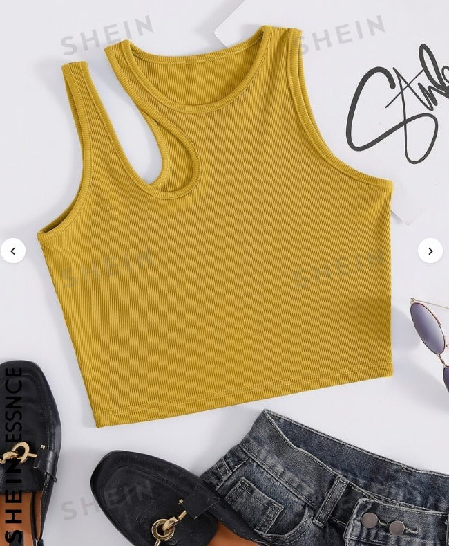 Ribbed One-Shoulder Cutout Crop Top